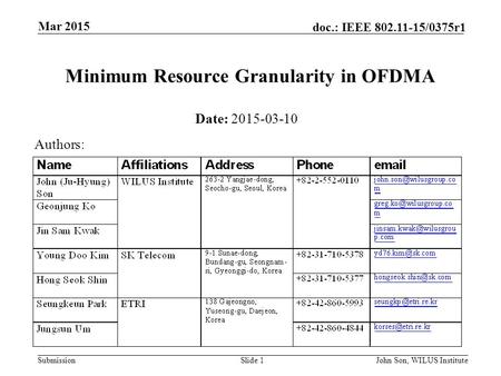 Submission doc.: IEEE 802.11-15/0375r1 Mar 2015 John Son, WILUS InstituteSlide 1 Minimum Resource Granularity in OFDMA Date: 2015-03-10 Authors: