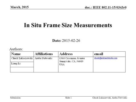 Submission doc.: IEEE 802.11-15/0343r0 In Situ Frame Size Measurements March, 2015 Chuck Lukaszewski, Aruba NetworksSlide 1 Date: 2015-02-26 Authors: