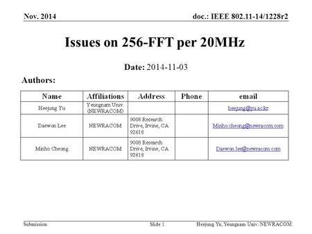 Doc.: IEEE 802.11-14/1228r2 Submission Nov. 2014 Heejung Yu, Yeungnam Univ./NEWRACOM Issues on 256-FFT per 20MHz Date: 2014-11-03 Authors: Slide 1.