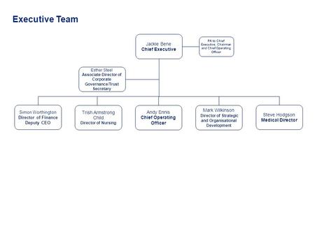 Jackie Bene Chief Executive Simon Worthington Director of Finance Deputy CEO Mark Wilkinson Director of Strategic and Organisational Development Trish.
