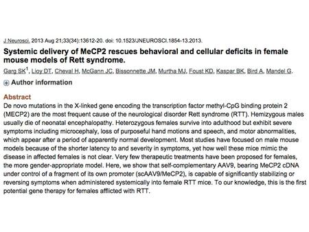 Systemic injection of Mecp2Bnull/y mice with scAAV9/MeCP2 virus results in MeCP2 expression in different cell types in brain. Systemic injection of Mecp2Bnull/y.