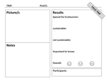 TRIP: PLACE: Picture/sResults Special for Ecotourism: sustainable: not sustainable: Important to know: Overall: Notes Participants: FIELD TRIP.