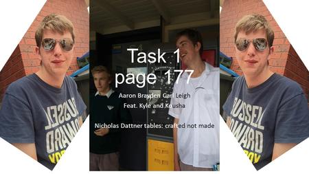 Task 1 page 177 Aaron Brayden Carl Leigh Feat. Kyle and Kousha Nicholas Dattner tables: crafted not made.