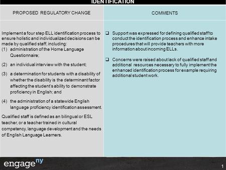 IDENTIFICATION 1 PROPOSED REGULATORY CHANGECOMMENTS Implement a four step ELL identification process to ensure holistic and individualized decisions can.