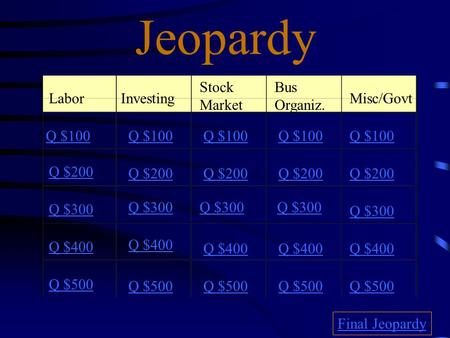 Jeopardy LaborInvesting Stock Market Bus Organiz. Misc/Govt Q $100 Q $200 Q $300 Q $400 Q $500 Q $100 Q $200 Q $300 Q $400 Q $500 Final Jeopardy.