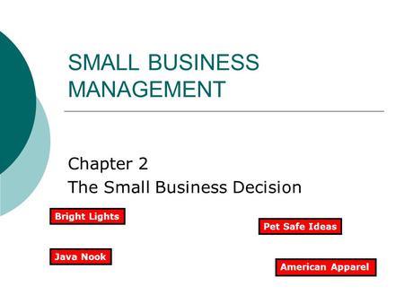 SMALL BUSINESS MANAGEMENT Chapter 2 The Small Business Decision American Apparel Java Nook Pet Safe Ideas Bright Lights.