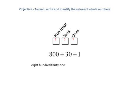 Objective - To read, write and identify the values of whole numbers.