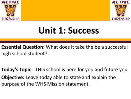 Unit 1: Success Essential Question: What does it take the be a successful high school student? Today’s Topic: THIS school is here for you and future you.