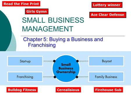 SMALL BUSINESS MANAGEMENT Chapter 5: Buying a Business and Franchising Ace Clear Defense Girls Gymn Lottery winner Read the Fine Print Bulldog FitnessCerealisiousFirehouse.