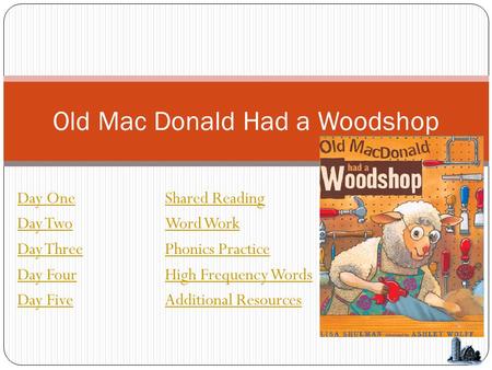 Day OneShared Reading Day TwoWord Work Day ThreePhonics Practice Day FourHigh Frequency Words Day FiveAdditional Resources Old Mac Donald Had a Woodshop.