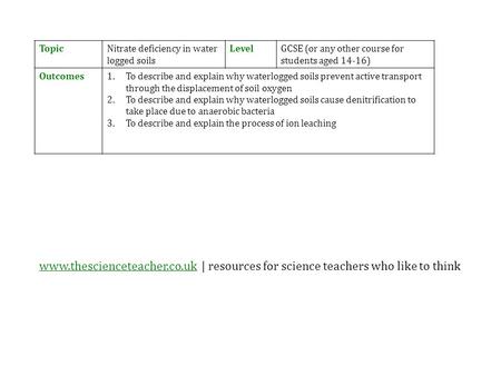 Www.thescienceteacher.co.ukwww.thescienceteacher.co.uk | resources for science teachers who like to think TopicNitrate deficiency in water logged soils.