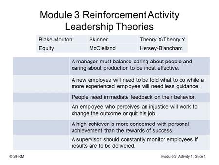 Module 3 Reinforcement Activity Leadership Theories A manager must balance caring about people and caring about production to be most effective. A new.