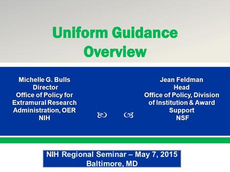  Presented By: NameTitleOffice PresentationTitle Michelle G. Bulls Director Director Office of Policy for Extramural Research Administration, OER NIH.