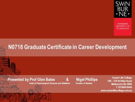 N0718 Graduate Certificate in Career Development Presented by Prof Glen Bates & Nigel Phillips Head of Psychological Sciences and Statistics Director of.