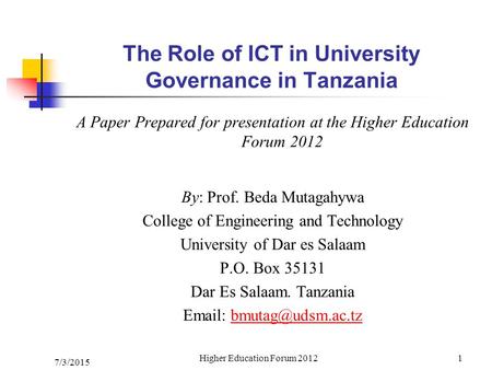 The Role of ICT in University Governance in Tanzania