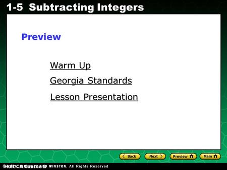 Evaluating Algebraic Expressions 1-5Subtracting Integers Holt CA Course 2 Warm Up Warm Up Georgia Standards Georgia Standards Lesson Presentation Lesson.