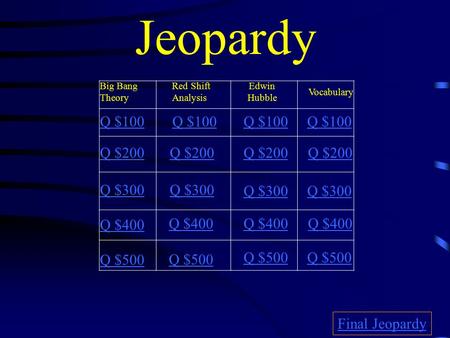 Jeopardy Big Bang Theory Red Shift Analysis Edwin Hubble Vocabulary Q $100 Q $200 Q $300 Q $400 Q $500 Q $100 Q $200 Q $300 Q $400 Q $500 Final Jeopardy.