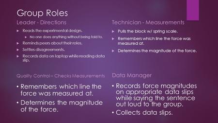 Group Roles Leader - Directions  Reads the experimental design.  No one does anything without being told to.  Reminds peers about their roles.  Settles.