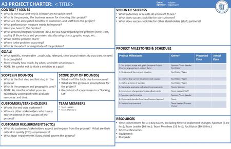 A3 PROJECT CHARTER: Date: Sponsor: VISION OF SUCCESS What outcomes or results do you want to see? What does success look like for our customer? What does.