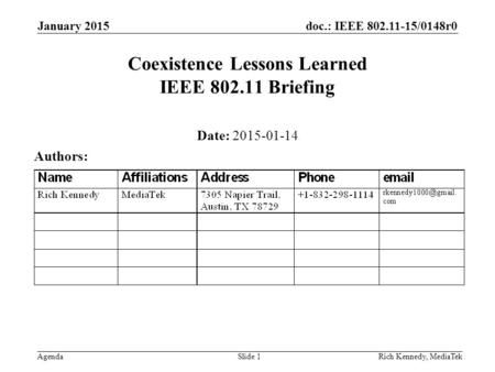 Doc.: IEEE 802.11-15/0148r0 AgendaRich Kennedy, MediaTek Coexistence Lessons Learned IEEE 802.11 Briefing Date: 2015-01-14 Authors: January 2015 Slide.