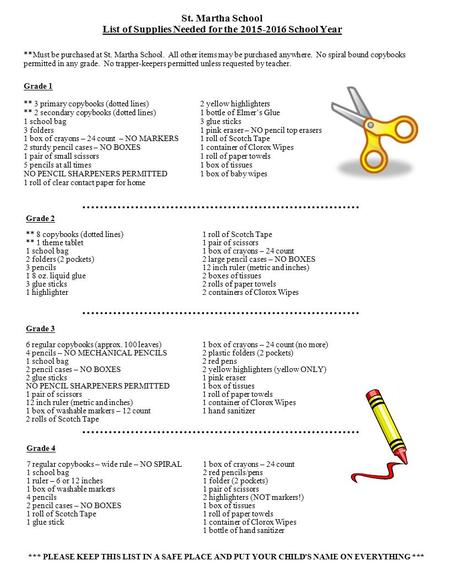 St. Martha School List of Supplies Needed for the 2015-2016 School Year Grade 1 ** 3 primary copybooks (dotted lines) ** 2 secondary copybooks (dotted.