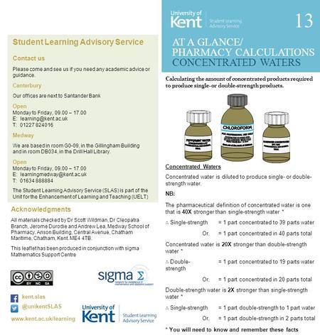 13 AT A GLANCE/ PHARMACY CALCULATIONS CONCENTRATED WATERS