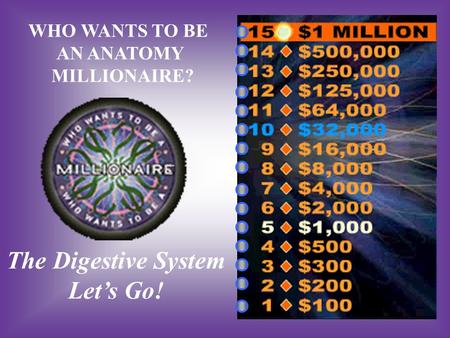 WHO WANTS TO BE AN ANATOMY MILLIONAIRE? The Digestive System Let’s Go!