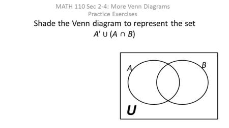 Shade the Venn diagram to represent the set A' U (A ∩ B)