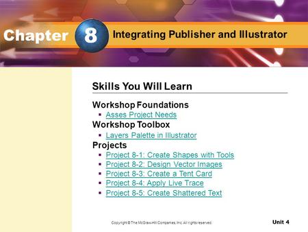 Unit 4 Design with Adobe Illustrator Integrating Publisher and Illustrator Chapter Workshop Foundations  Asses Project Needs Asses Project Needs Workshop.