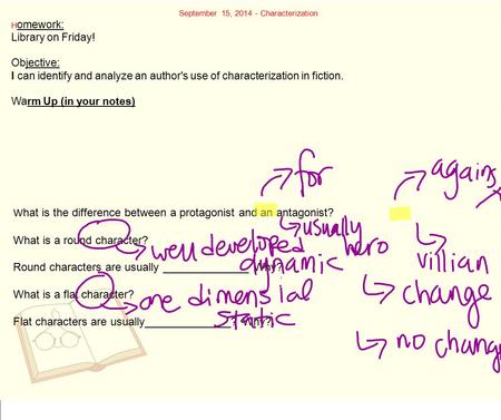 September 15, 2014 - Characterization H omework: Library on Friday! Objective: I can identify and analyze an author's use of characterization in fiction.