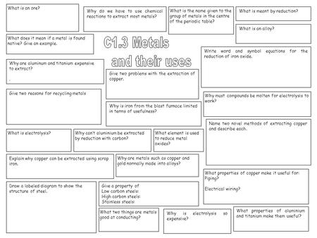 What is an ore? Why do we have to use chemical reactions to extract most metals? What is the name given to the group of metals in the centre of the periodic.