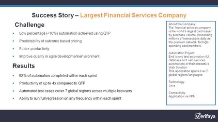 Success Story – Largest Financial Services Company Challenge  Low percentage (