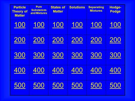 Particle Theory of Matter Pure Substances and Mixtures States of Matter Solutions Separating Mixtures Hodge- Podge 100 200 300 400 500.