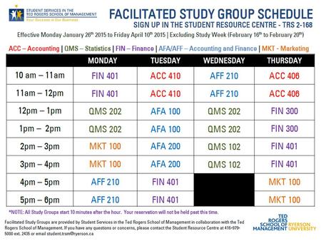 FINANCE (FIN300/FIN401) Drop In Tutoring (TRS 3-051) MondayTuesdayWednesdayThursday 12pm-3pm10am-12pm12pm-3pm10am-12pm Facilitated Study Group (Sign.