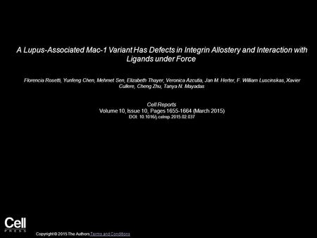 A Lupus-Associated Mac-1 Variant Has Defects in Integrin Allostery and Interaction with Ligands under Force Florencia Rosetti, Yunfeng Chen, Mehmet Sen,