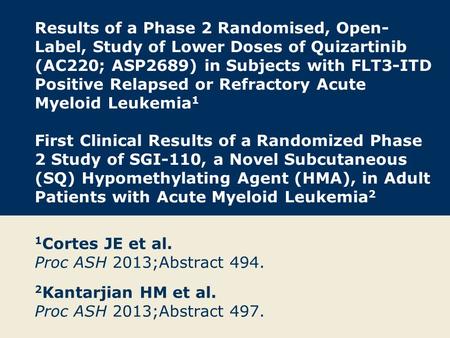 Results of a Phase 2 Randomised, Open- Label, Study of Lower Doses of Quizartinib (AC220; ASP2689) in Subjects with FLT3-ITD Positive Relapsed or Refractory.