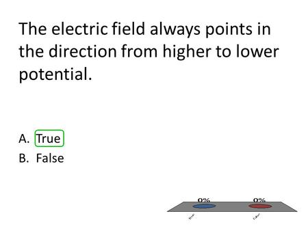 The electric field always points in the direction from higher to lower potential. True False.