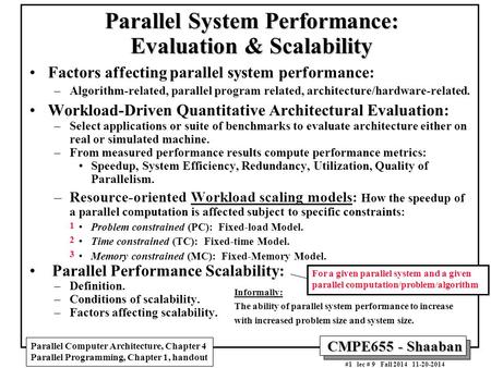 CMPE655 - Shaaban #1 lec # 9 Fall 2014 11-20-2014 Parallel System Performance: Evaluation & Scalability Factors affecting parallel system performance: