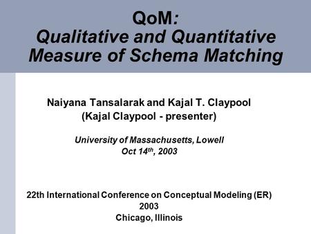 QoM: Qualitative and Quantitative Measure of Schema Matching Naiyana Tansalarak and Kajal T. Claypool (Kajal Claypool - presenter) University of Massachusetts,