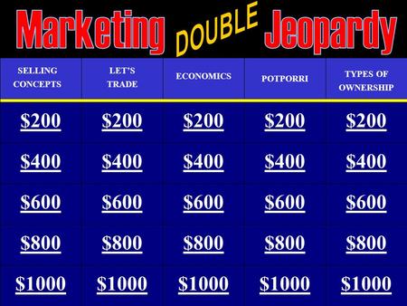 $200 SELLING CONCEPTS LET’S TRADE POTPORRI $400 $1000 $800 $600 $200 $400 $600 $800 $1000 $200 $400 $600 $800 $1000 $200 $400 $600 $800 $1000 ECONOMICS.