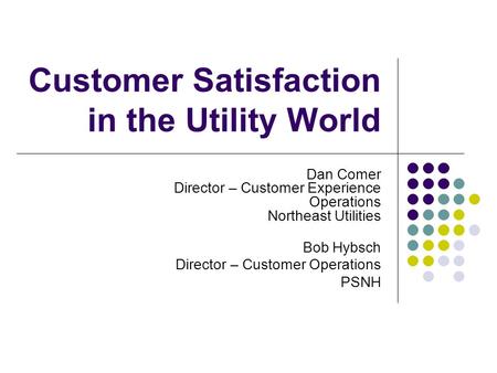 Customer Satisfaction in the Utility World Dan Comer Director – Customer Experience Operations Northeast Utilities Bob Hybsch Director – Customer Operations.