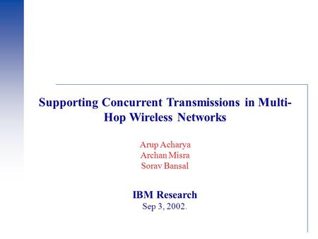 Supporting Concurrent Transmissions in Multi- Hop Wireless Networks Arup Acharya Archan Misra Sorav Bansal IBM Research Sep 3, 2002.