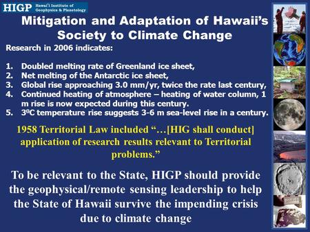 Research in 2006 indicates: 1.Doubled melting rate of Greenland ice sheet, 2.Net melting of the Antarctic ice sheet, 3.Global rise approaching 3.0 mm/yr,