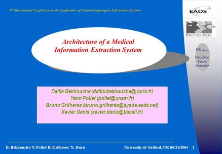 1 D. Bekhouche/ Y. Pollet/ B. Grilheres/ X. Denis University of Salford, UK 06/24/2004 PSI Rouen Perception System Information 9 th International Conference.