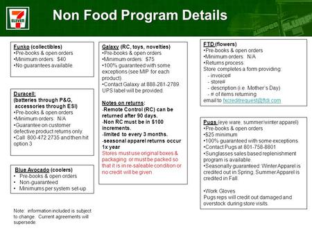 Non Food Program Details Funko (collectibles) Pre-books & open orders Minimum orders: $40 No guarantees available. Galaxy (RC, toys, novelties) Pre-books.