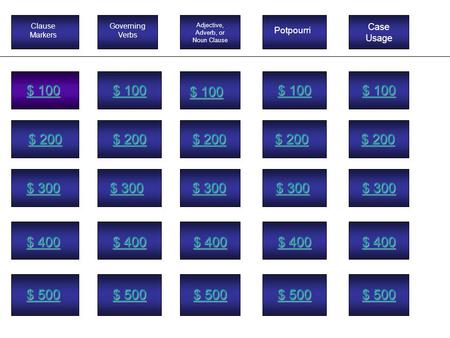 Governing Verbs Adjective, Adverb, or Noun Clause Potpourri Case Usage Clause Markers $ 100 $ 100 $ 100 $ 100 $ 100 $ 100 $ 100 $ 100 $ 100 $ 100 $ 200.