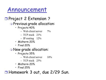 Announcement r Project 2 Extension ? m Previous grade allocation: Projects 40% –Web client/server7% –TCP stack21% –IP routing12% Midterm 20% Final 20%