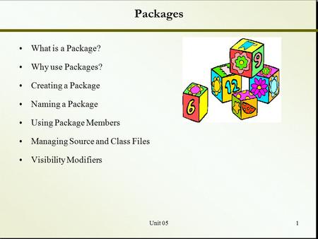 Unit 051 Packages What is a Package? Why use Packages? Creating a Package Naming a Package Using Package Members Managing Source and Class Files Visibility.