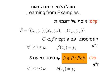 מודל הלמידה מדוגמאות Learning from Examples קלט: אוסף של דוגמאות פלט: קונסיסטנטי עם פונקציה f ב- C זא קונסיסטנטי עם S זא.