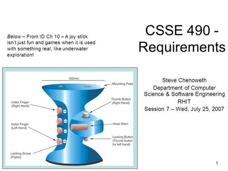 1 Questions? CSSE 490 - Requirements Steve Chenoweth Department of Computer Science & Software Engineering RHIT Session 7 – Wed, July 25, 2007 Below –